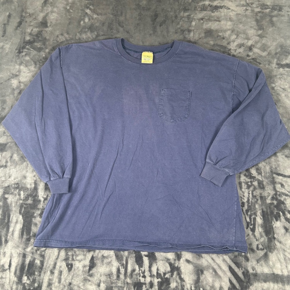 LL Bean Pocket T-Shirt Mens XXL Blue Long Sleeve Russell Athletic USA Vintage